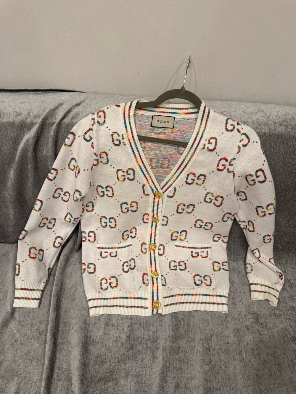Gucci White Cardigan with Multicolor Stripe and Logo Knit